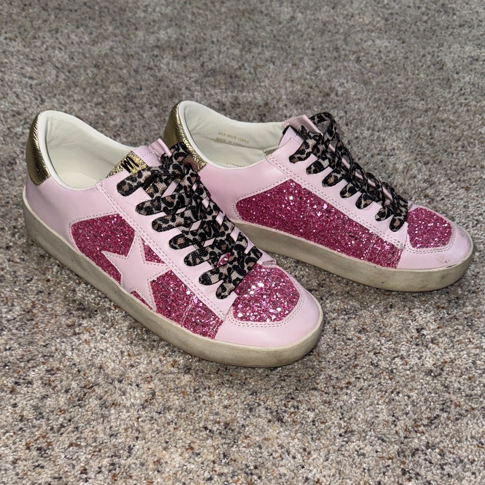 Pink Glitter Sneakers with Gold Accents